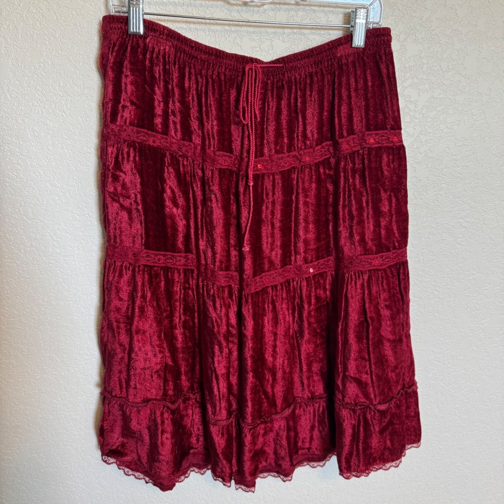 Vintage Whimsigoth Boho JFW Velvet Tiered Midi Skirt Large Red